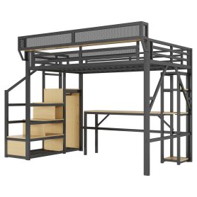 Metal Loft Bed with Stairs, Wardrobe, Charging Station, and LED Lighting