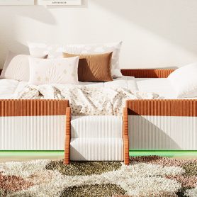 Twin Size Upholstered Floor Bed with Fence, 2-Tier Steps and Smart LED Lights