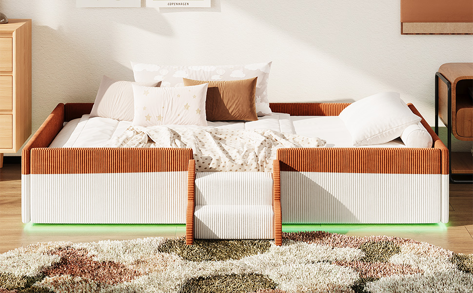 Twin Size Upholstered Floor Bed with Fence, 2-Tier Steps and Smart LED Lights