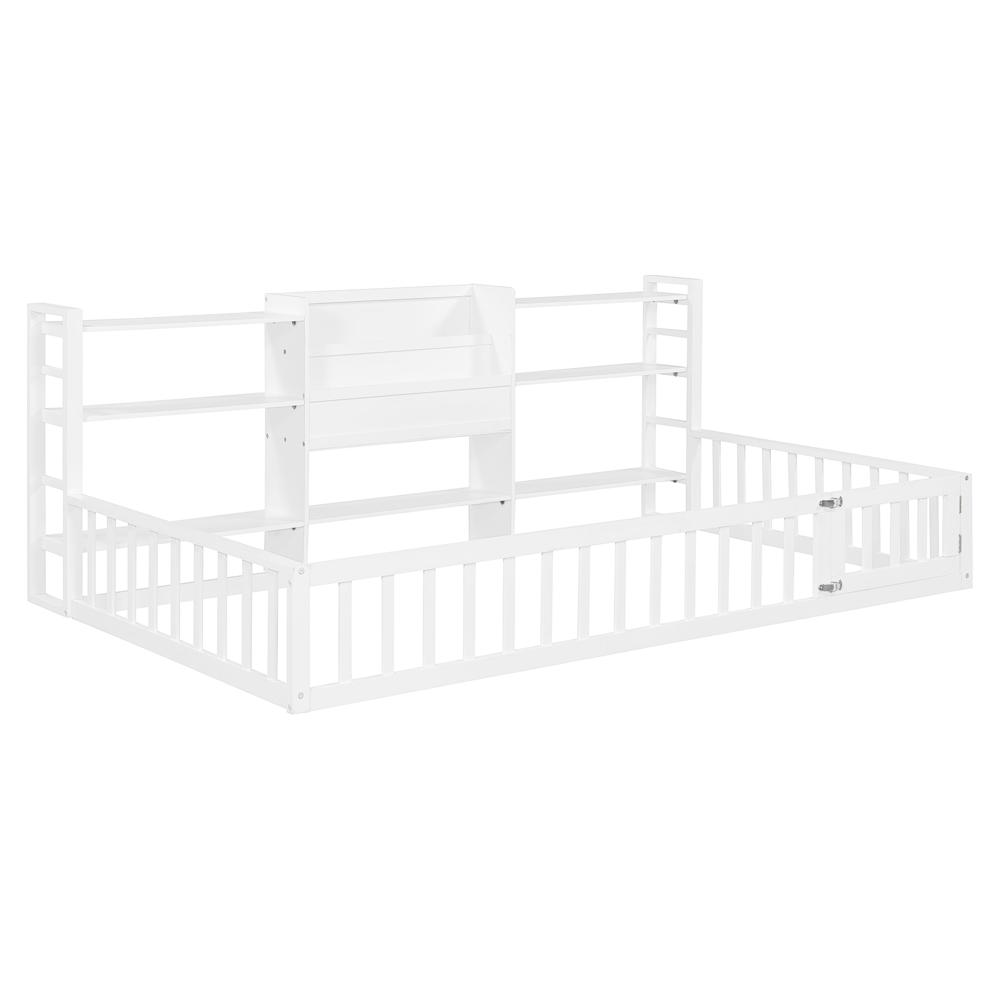 Twin Size Floor Fence Bed Frame with Bookcase and 3-Tier Storage Shelves
