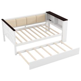 Full Size Wood Daybed with Storage Shelves, Upholstered Backrest, USB and Trundle