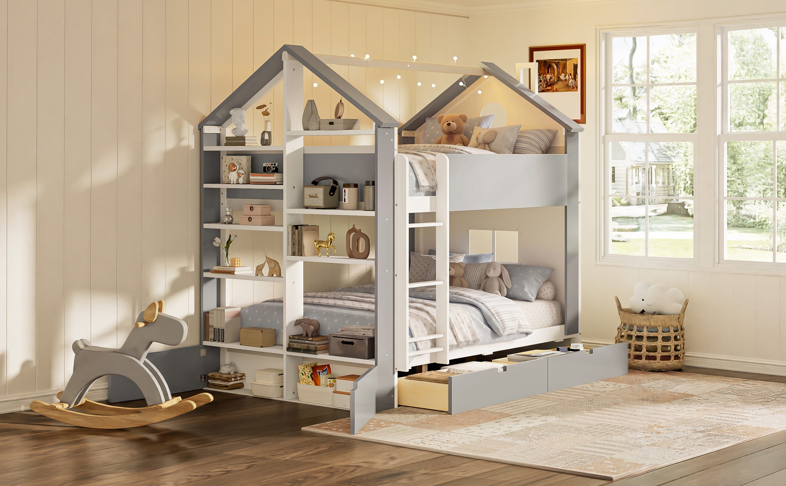 Full Size Bunk Bed with Storage Drawers, Shelves and Light Strip