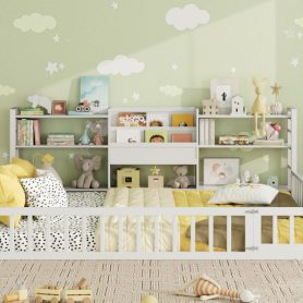 Queen Size Floor Fence Bed Frame with Bookcase and 3-Tier Storage Shelves