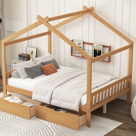 Full Size House Platform Bed with Two Drawers, Headboard and Footboard