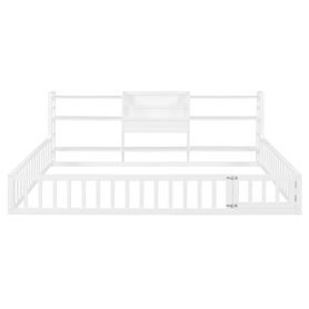 Queen Size Floor Fence Bed Frame with Bookcase and 3-Tier Storage Shelves