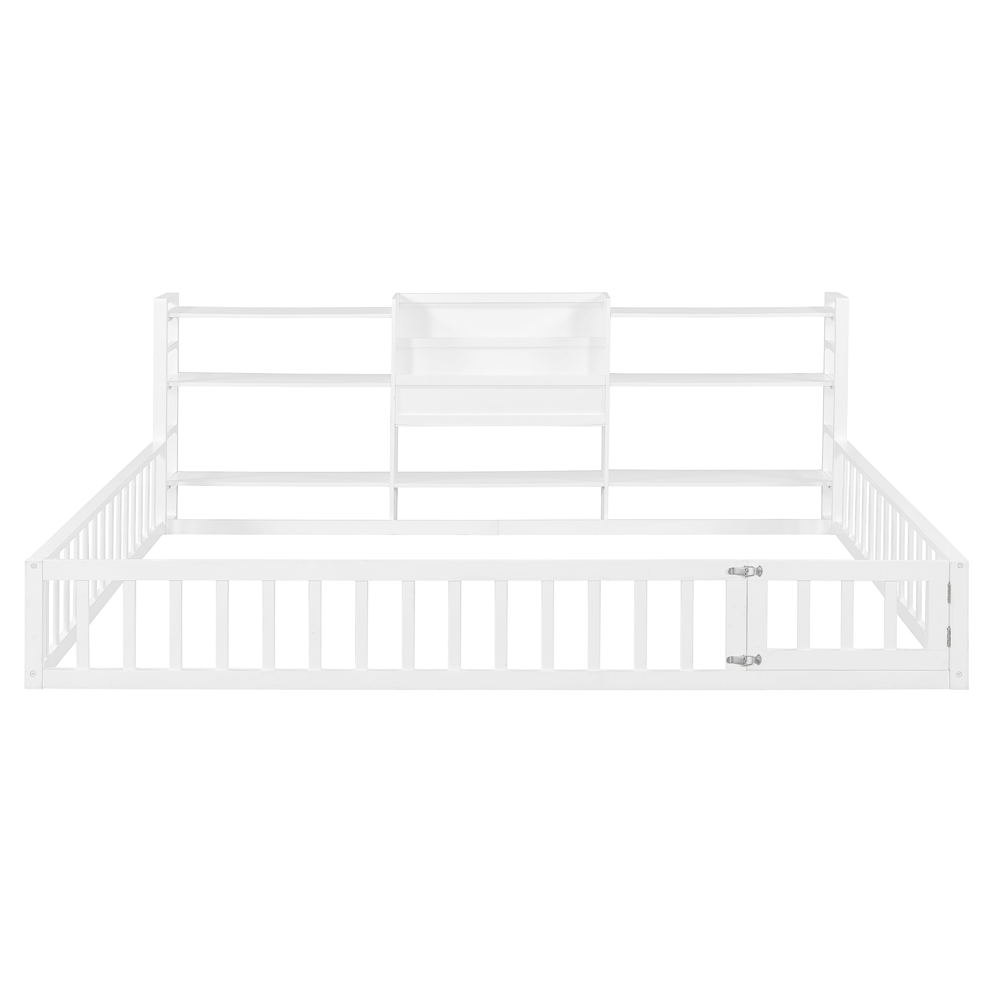 Queen Size Floor Fence Bed Frame with Bookcase and 3-Tier Storage Shelves