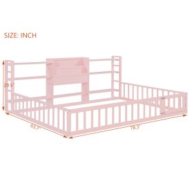 Full Size Floor Fence Bed Frame with Bookcase and 3-Tier Storage Shelves