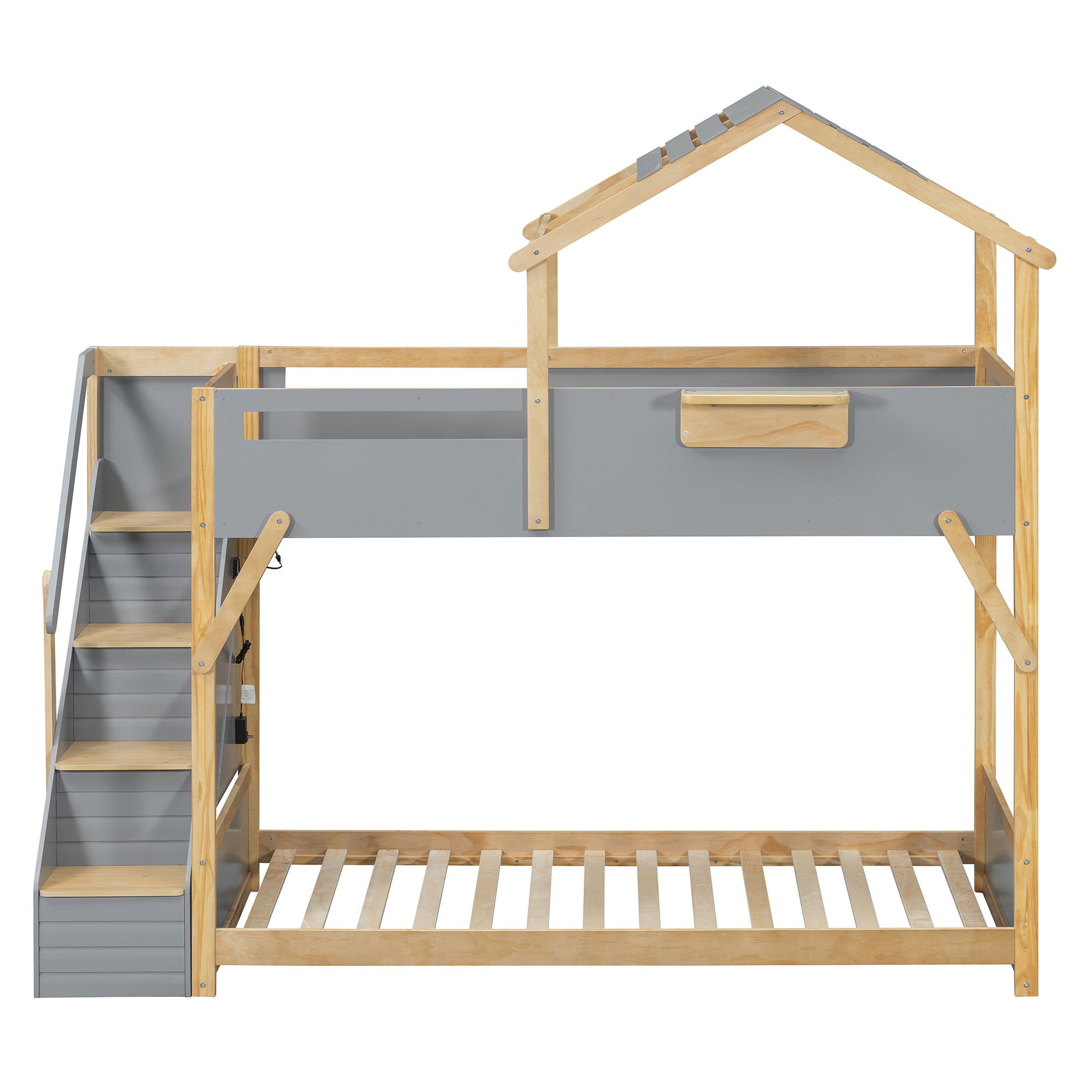 Twin over Twin House Bunk Bed with Stairs and 3-Color LED Lights
