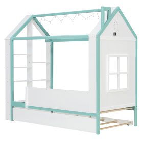 Twin Size House Bed Frame with Pull-Out Trundle, Tail End Storage Shelves and Cool White LED Lights