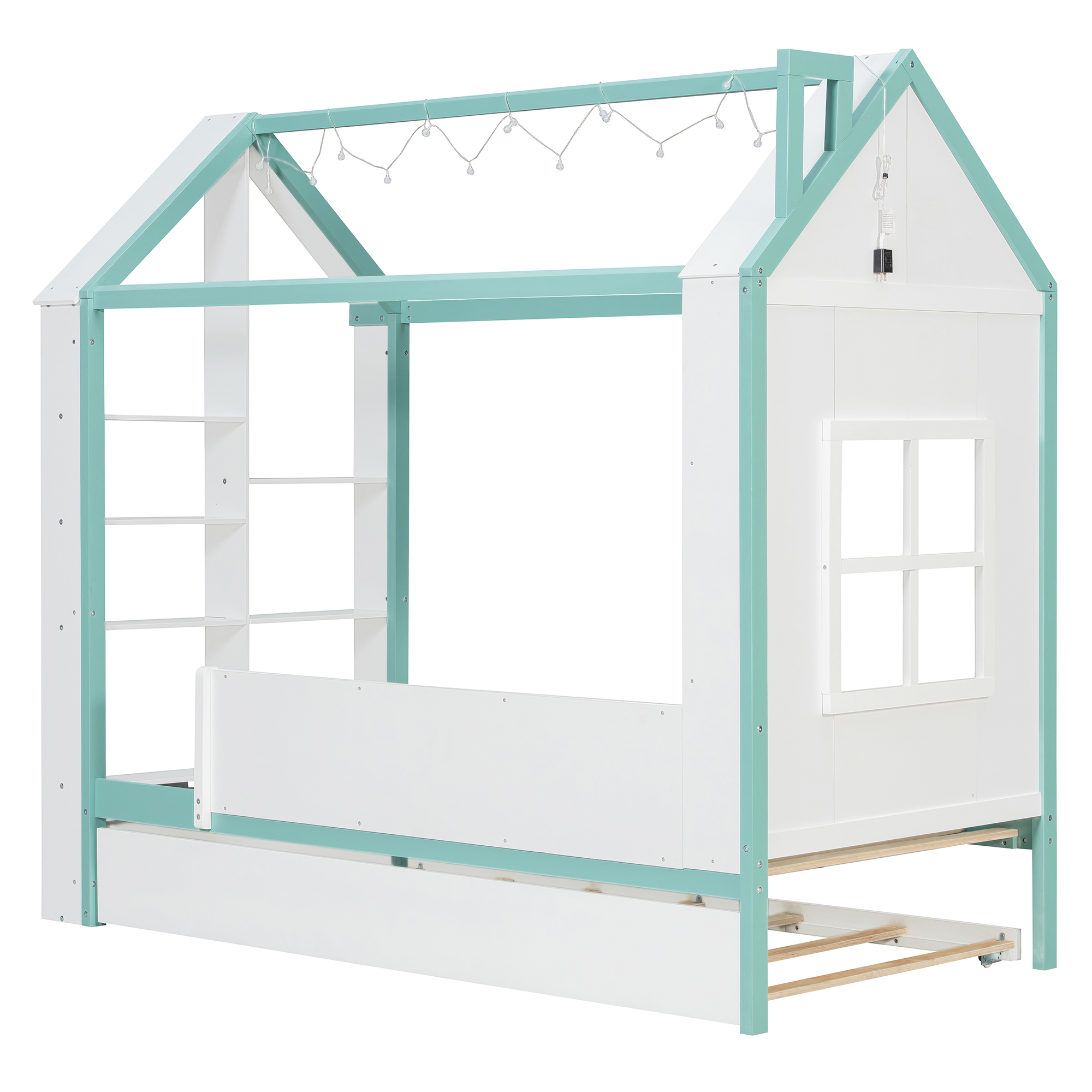 Twin Size House Bed Frame with Pull-Out Trundle, Tail End Storage Shelves and Cool White LED Lights