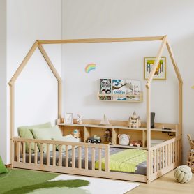 Twin House Floor Bed with Storage Shelves, Built-in LED Lights & Charging Station