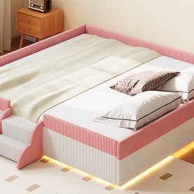 King Size Upholstered Floor Bed with Fence, 2-Tier Steps and Smart LED Lights