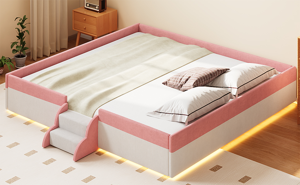 King Size Upholstered Floor Bed with Fence, 2-Tier Steps and Smart LED Lights