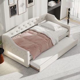 Upholstered Twin XL Size Daybed with LED Belt and Trundle