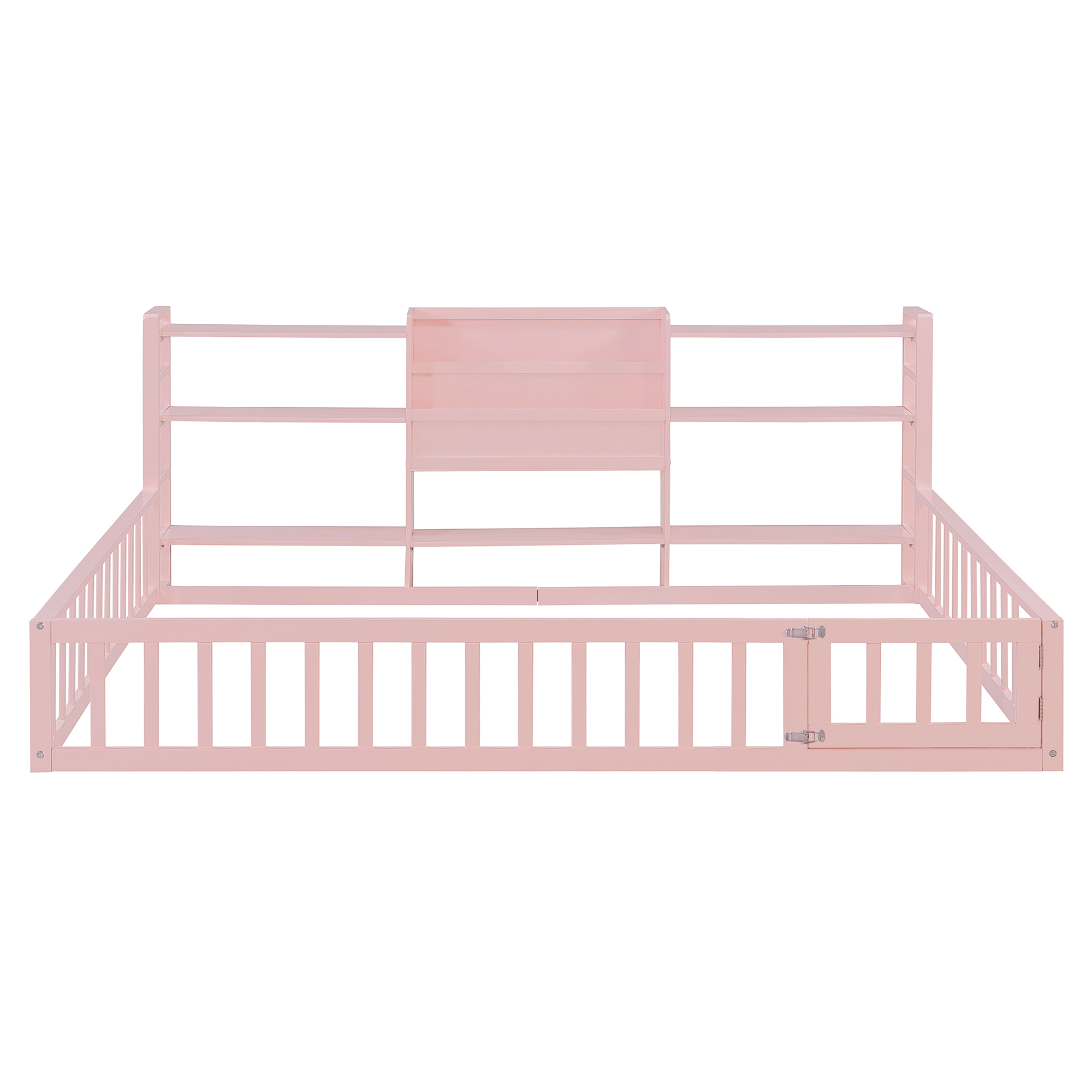 Full Size Floor Fence Bed Frame with Bookcase and 3-Tier Storage Shelves