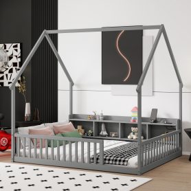 Full House Floor Bed with Storage Shelves, Built-in LED Lights & Charging Station