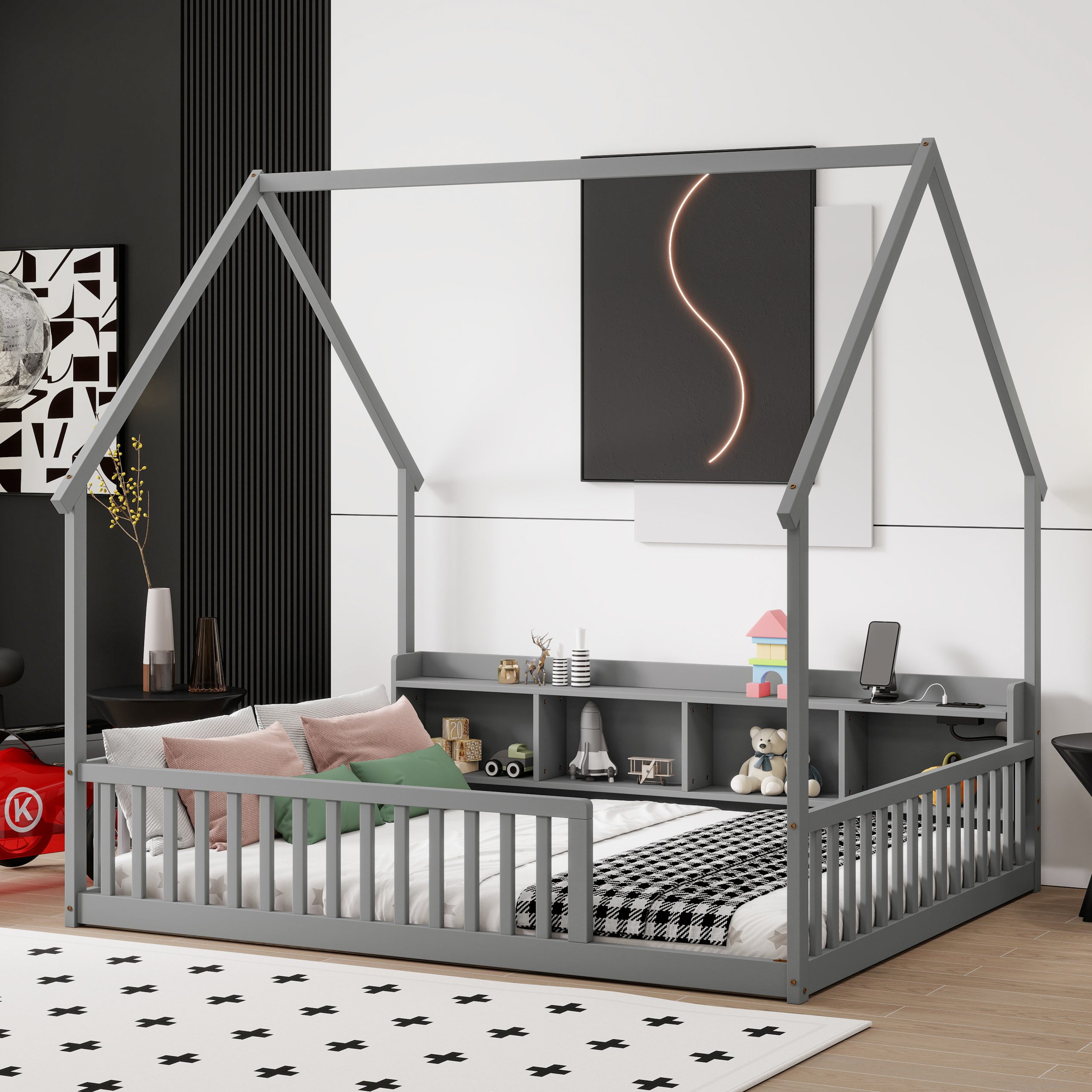 Full House Floor Bed with Storage Shelves, Built-in LED Lights & Charging Station
