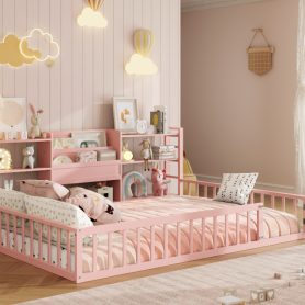 Full Size Floor Fence Bed Frame with Bookcase and 3-Tier Storage Shelves