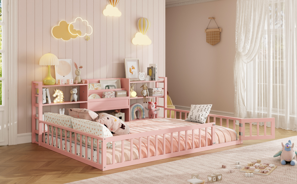 Full Size Floor Fence Bed Frame with Bookcase and 3-Tier Storage Shelves