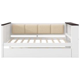 Full Size Wood Daybed with Storage Shelves, Upholstered Backrest, USB and Trundle