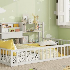 Queen Size Floor Fence Bed Frame with Bookcase and 3-Tier Storage Shelves