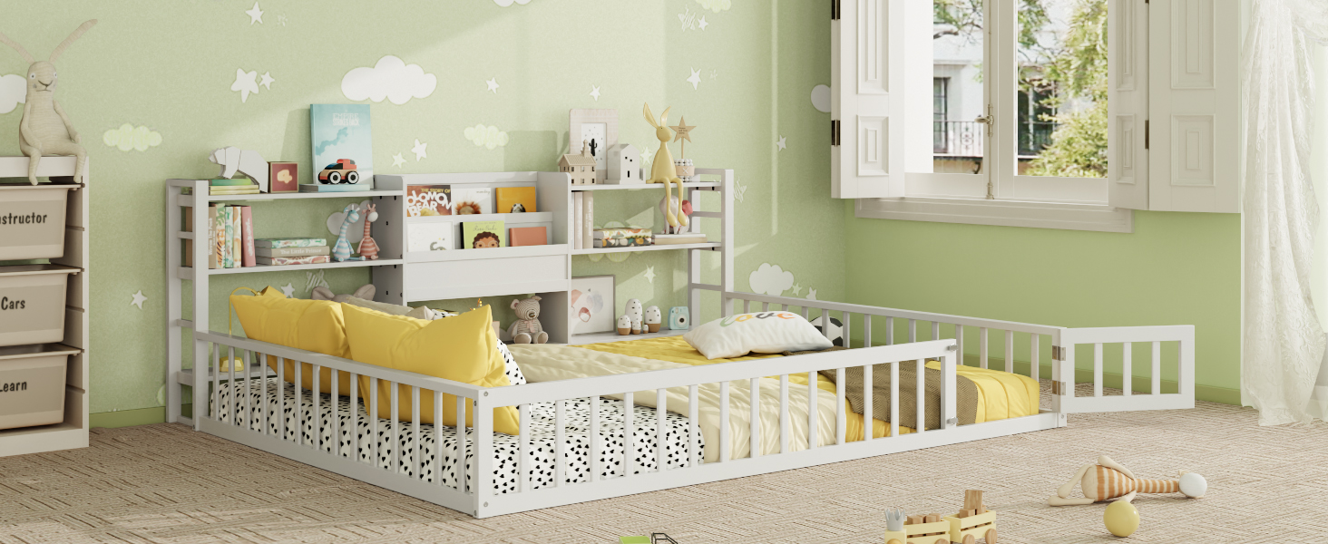 Queen Size Floor Fence Bed Frame with Bookcase and 3-Tier Storage Shelves