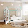 Twin Size House Bed Frame with Pull-Out Trundle, Tail End Storage Shelves and Cool White LED Lights