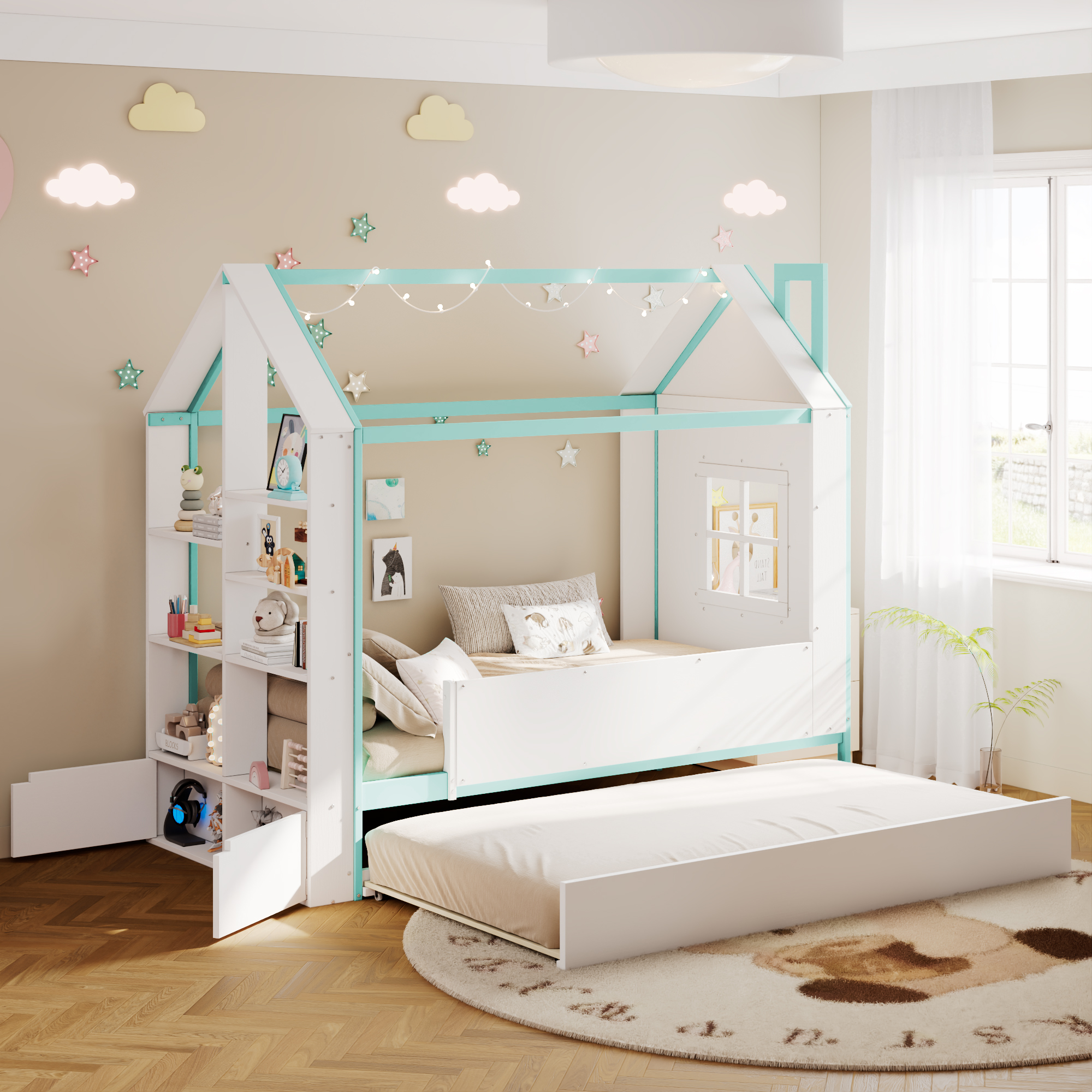 Twin Size House Bed Frame with Pull-Out Trundle, Tail End Storage Shelves and Cool White LED Lights