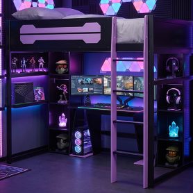 Full-Size Wooden Gaming Loft Bed with Desk and Storage, RGB LED Light, USB Charging Station