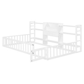 Twin Size Floor Fence Bed Frame with Bookcase and 3-Tier Storage Shelves