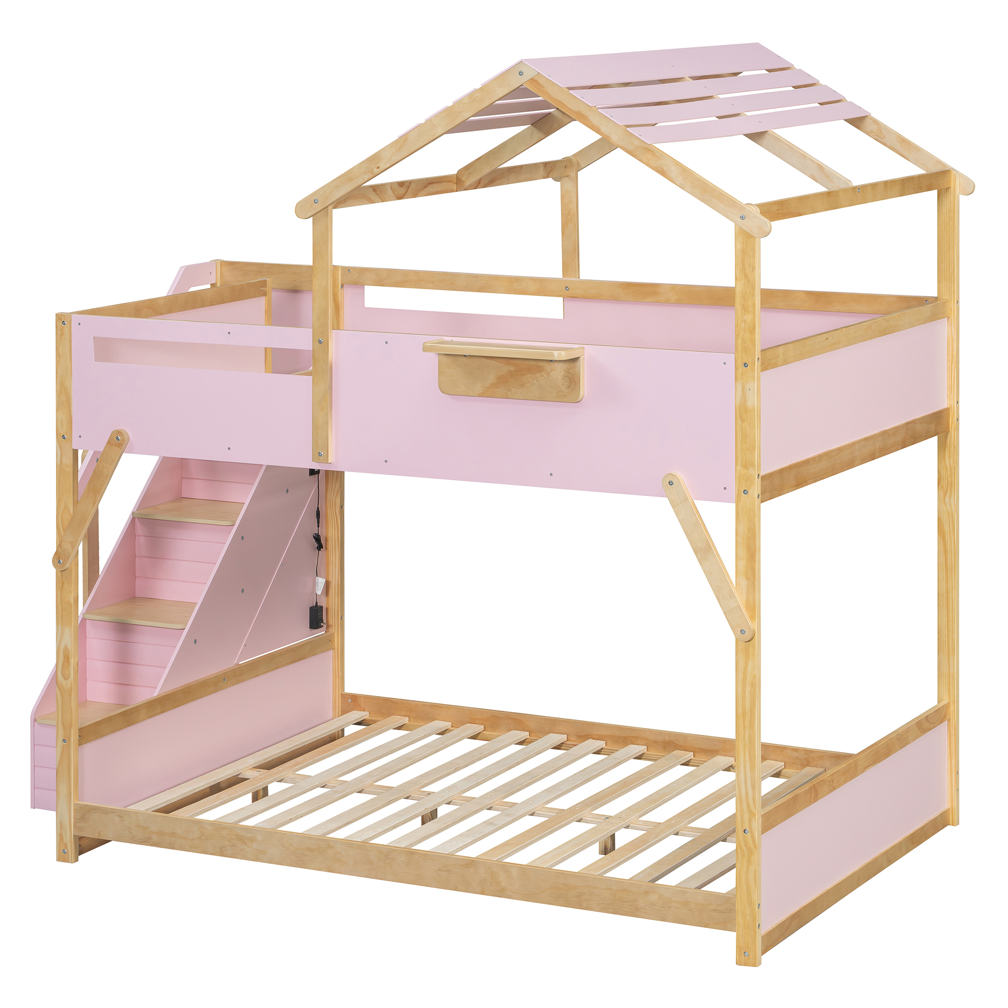 Full over Full House Bunk Bed with Stairs and 3-Color LED Lights