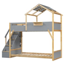 Twin over Twin House Bunk Bed with Stairs and 3-Color LED Lights