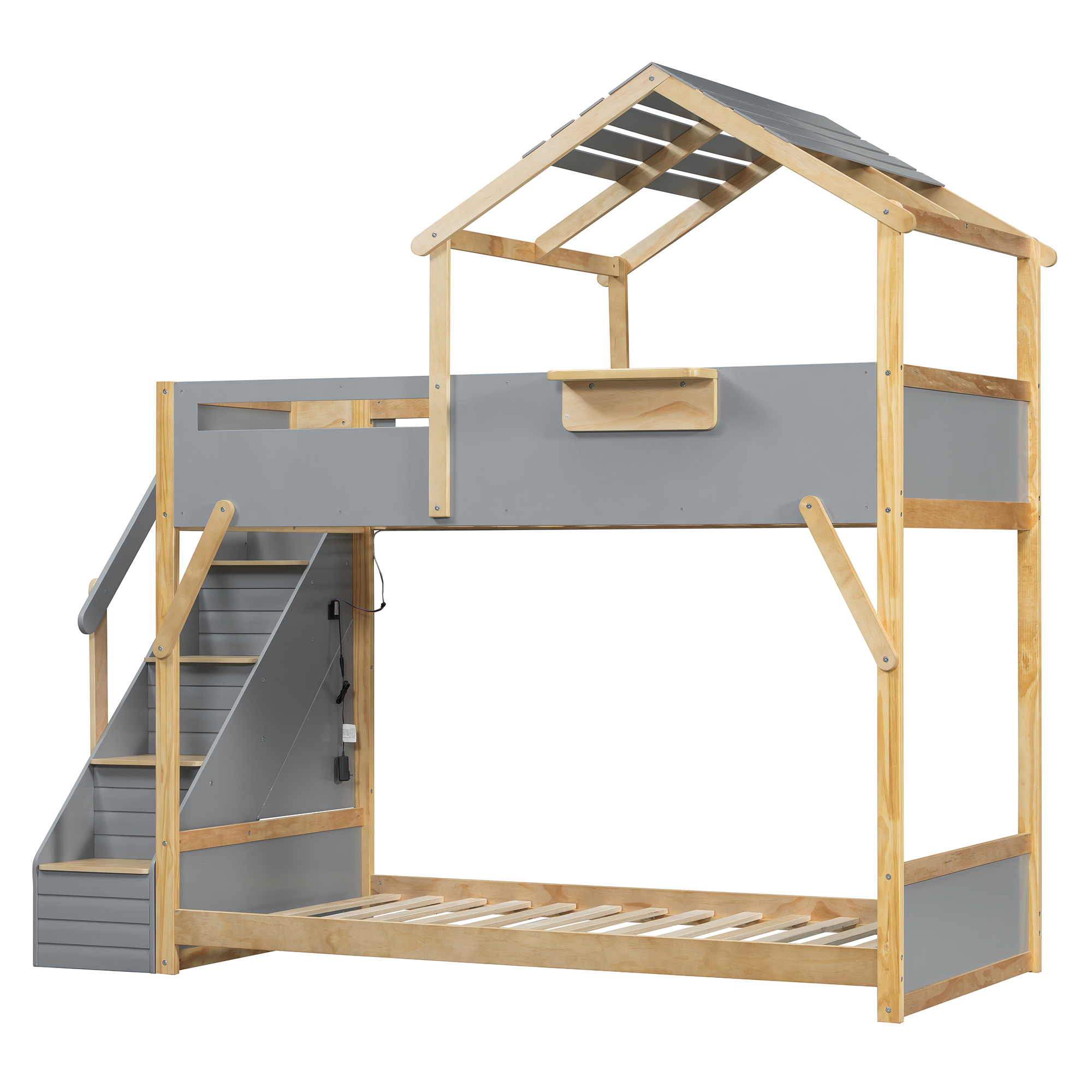 Twin over Twin House Bunk Bed with Stairs and 3-Color LED Lights