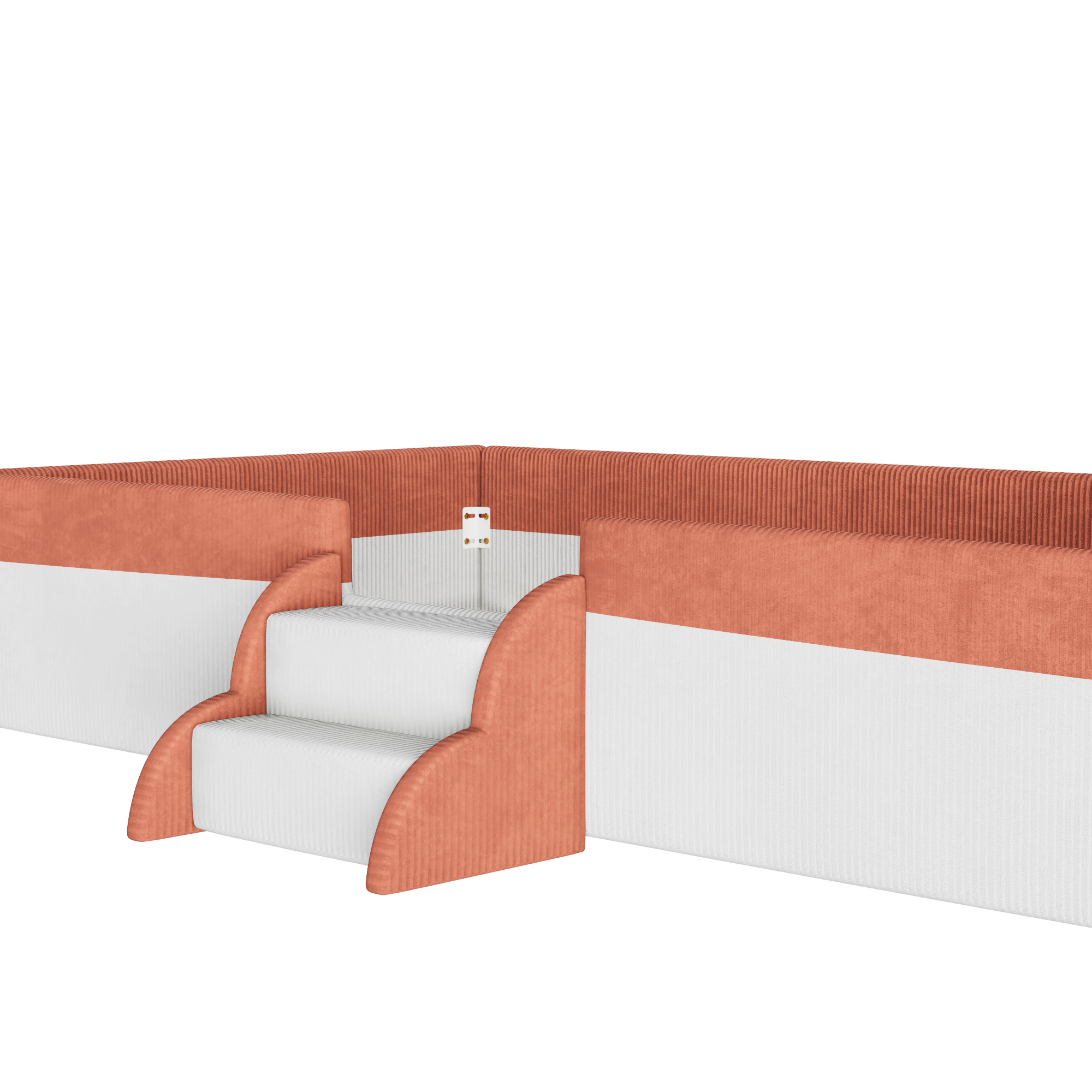 Twin Size Upholstered Floor Bed with Fence, 2-Tier Steps and Smart LED Lights