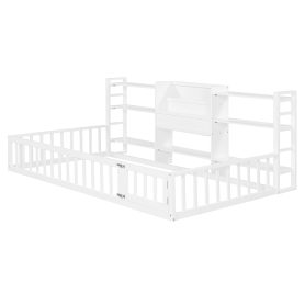 Twin Size Floor Fence Bed Frame with Bookcase and 3-Tier Storage Shelves