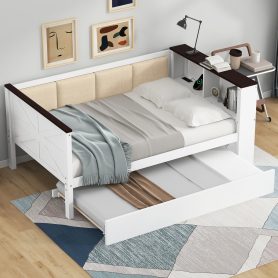 Full Size Wood Daybed with Storage Shelves, Upholstered Backrest, USB and Trundle