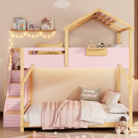 Full over Full House Bunk Bed with Stairs and 3-Color LED Lights