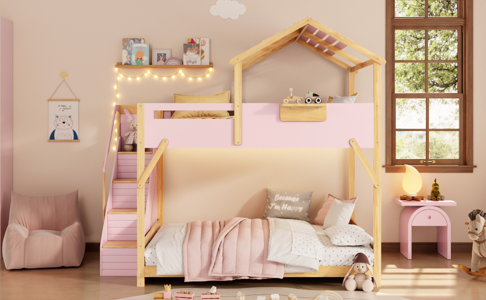Full over Full House Bunk Bed with Stairs and 3-Color LED Lights