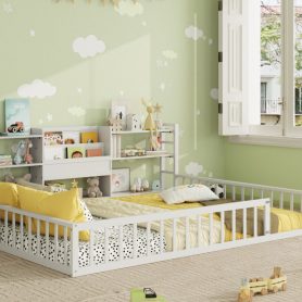 Queen Size Floor Fence Bed Frame with Bookcase and 3-Tier Storage Shelves