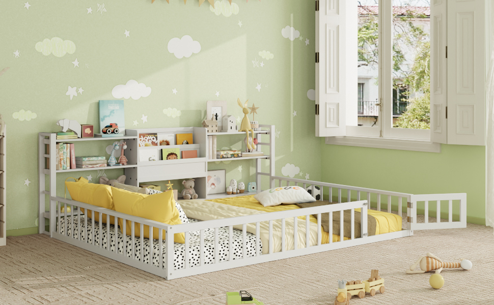 Queen Size Floor Fence Bed Frame with Bookcase and 3-Tier Storage Shelves