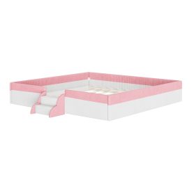 King Size Upholstered Floor Bed with Fence, 2-Tier Steps and Smart LED Lights