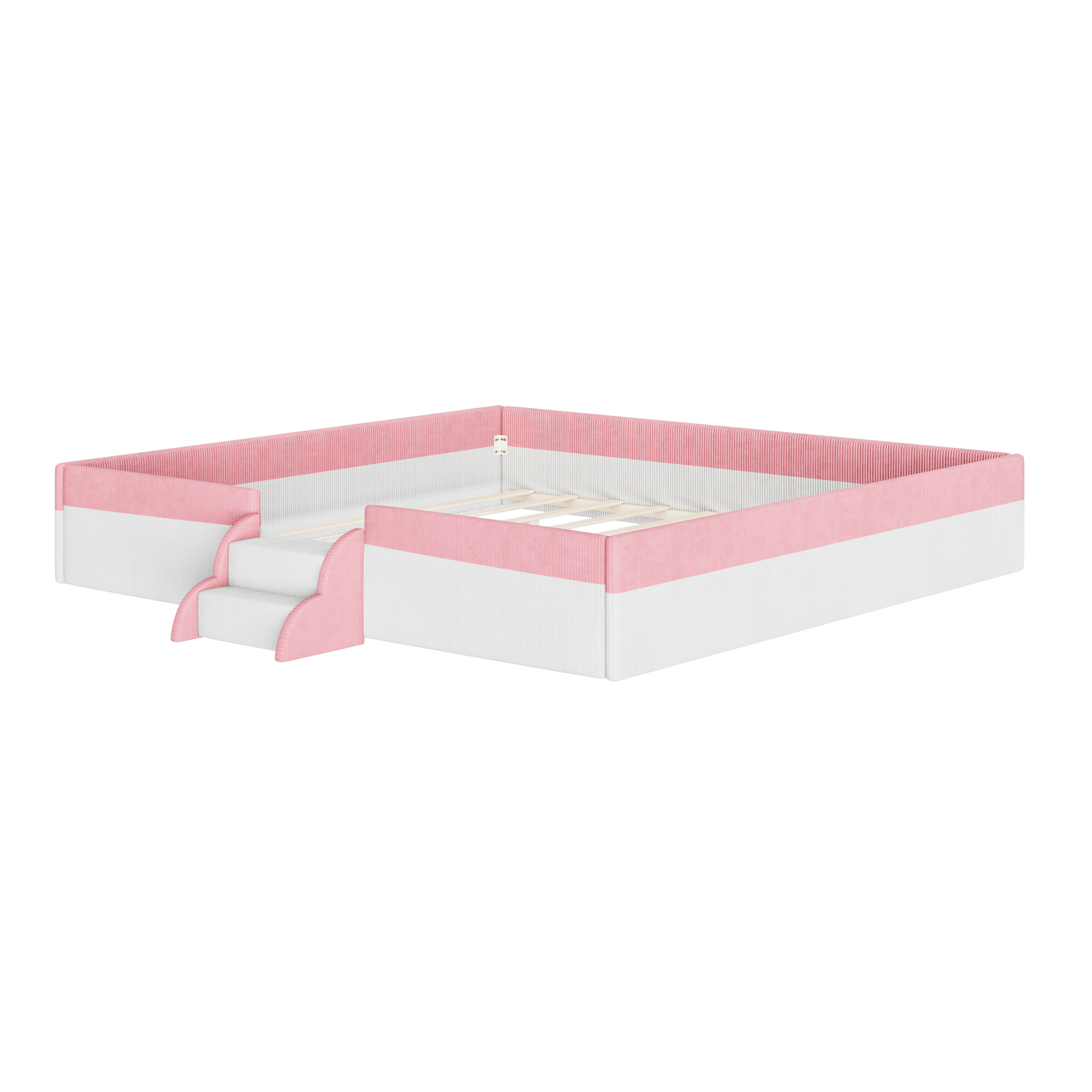 King Size Upholstered Floor Bed with Fence, 2-Tier Steps and Smart LED Lights