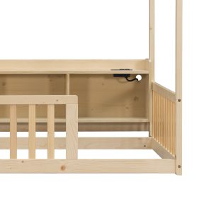 Twin House Floor Bed with Storage Shelves, Built-in LED Lights & Charging Station