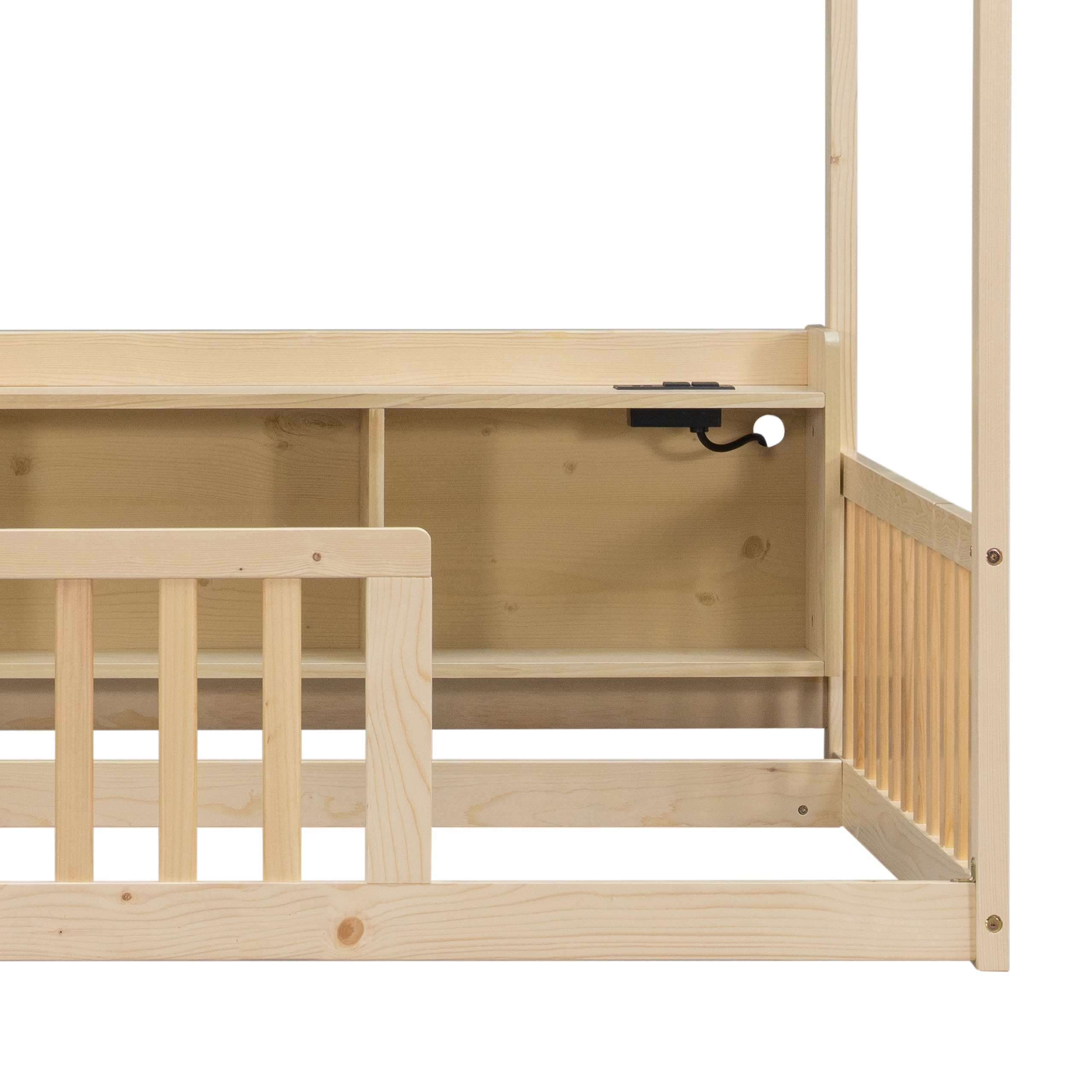 Twin House Floor Bed with Storage Shelves, Built-in LED Lights & Charging Station