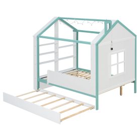 Full Size House Bed Frame with Pull-Out Trundle, Tail End Storage Shelves and Cool White LED Lights