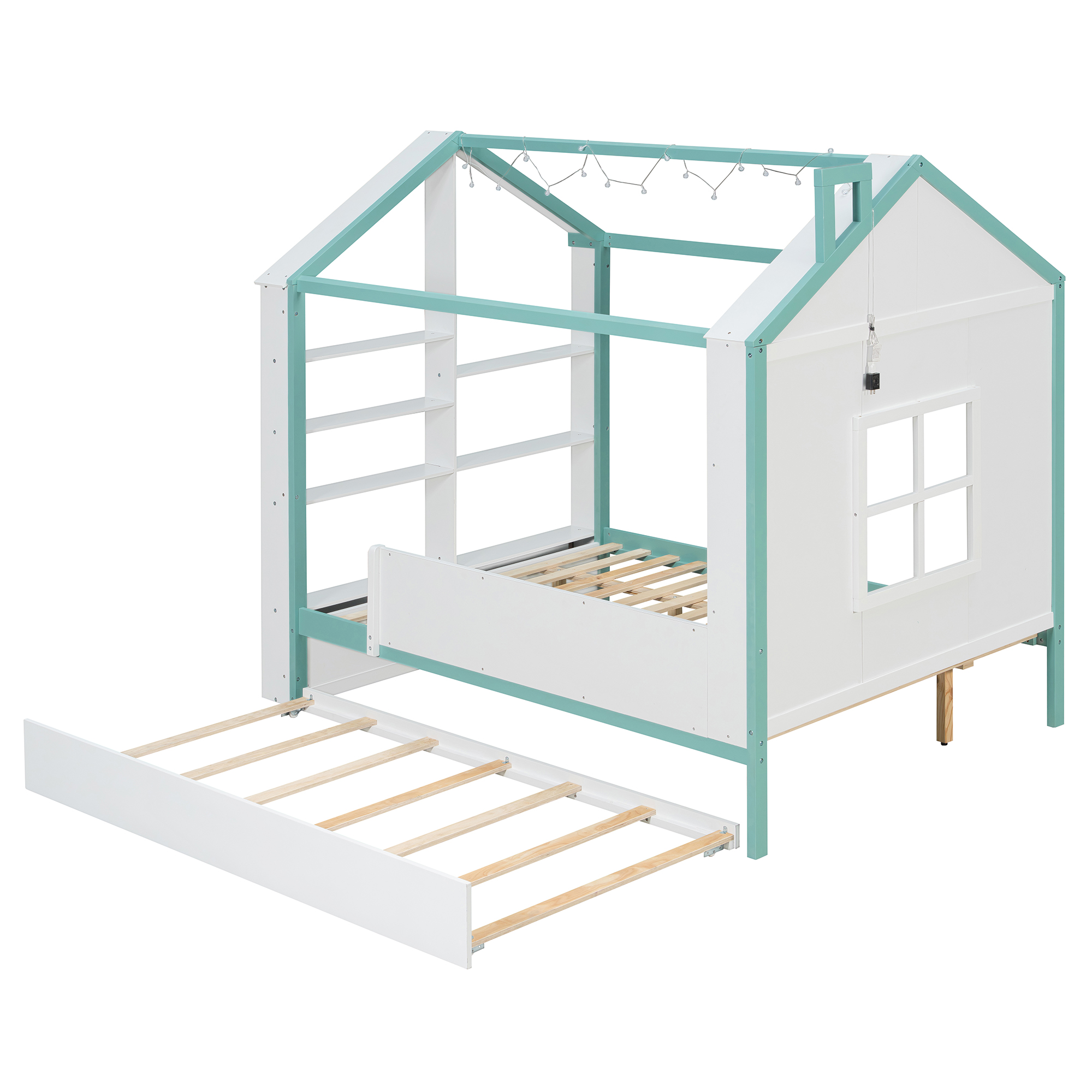 Full Size House Bed Frame with Pull-Out Trundle, Tail End Storage Shelves and Cool White LED Lights