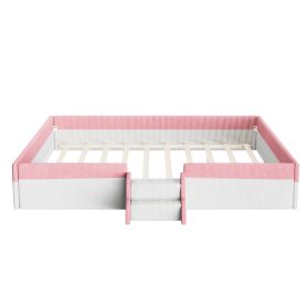 King Size Upholstered Floor Bed with Fence, 2-Tier Steps and Smart LED Lights