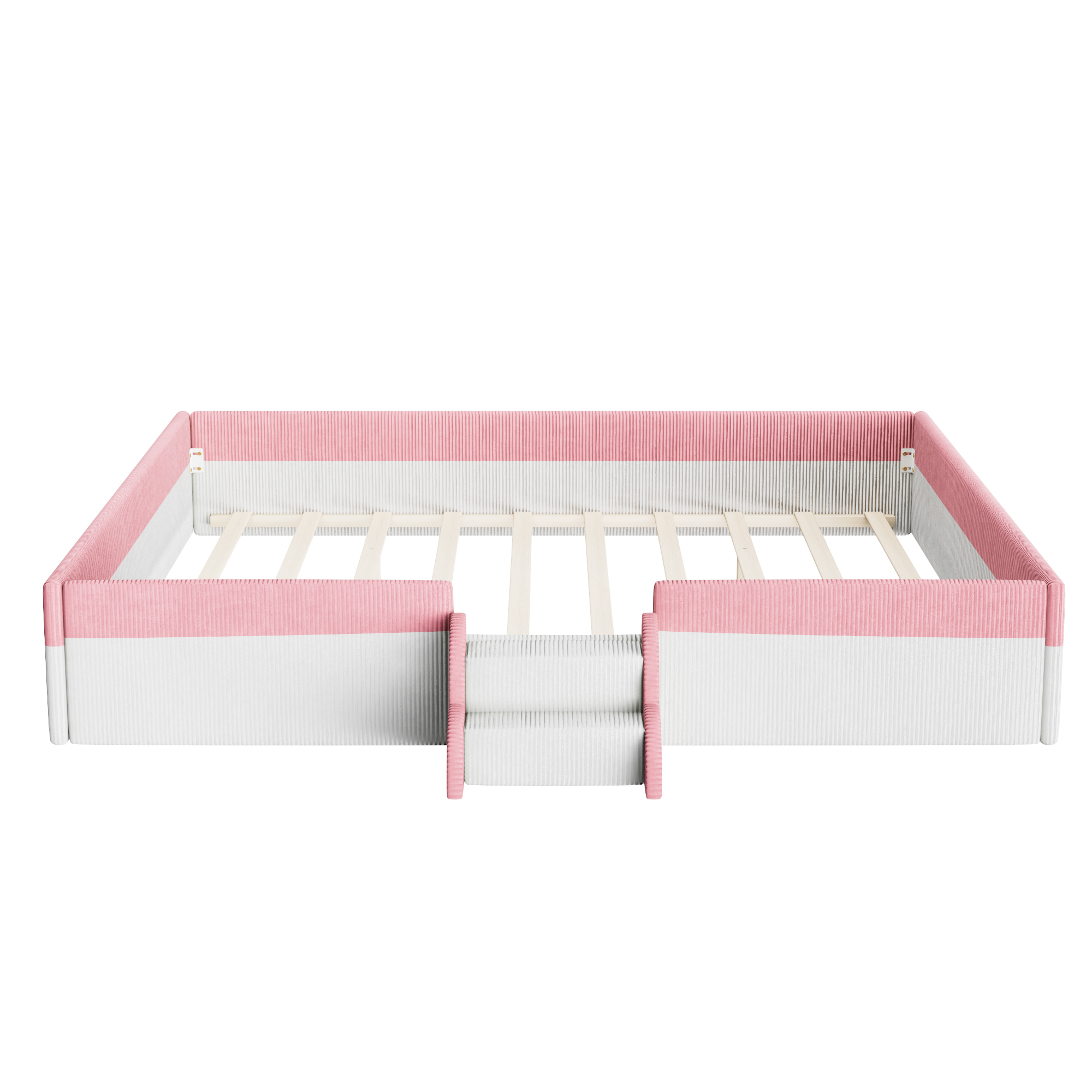King Size Upholstered Floor Bed with Fence, 2-Tier Steps and Smart LED Lights