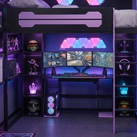 Full-Size Wooden Gaming Loft Bed with Desk and Storage, RGB LED Light, USB Charging Station