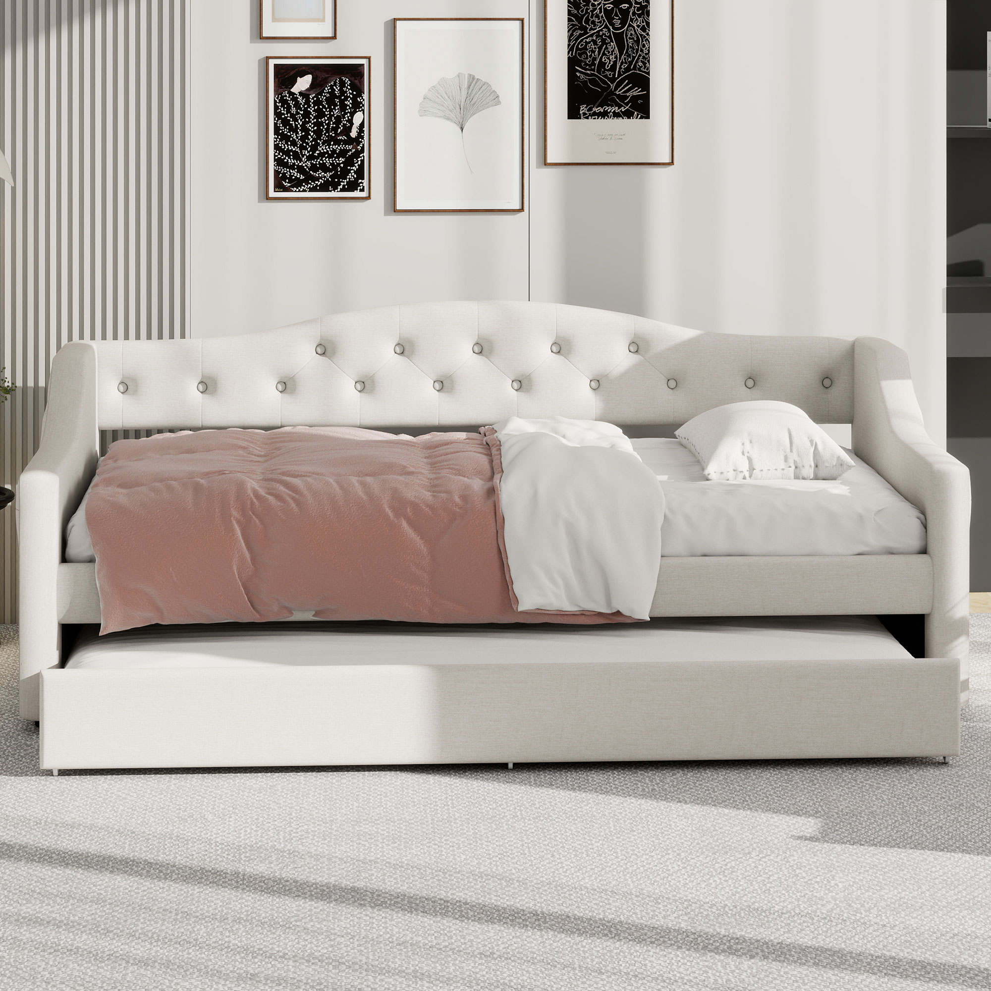Upholstered Twin XL Size Daybed with LED Belt and Trundle